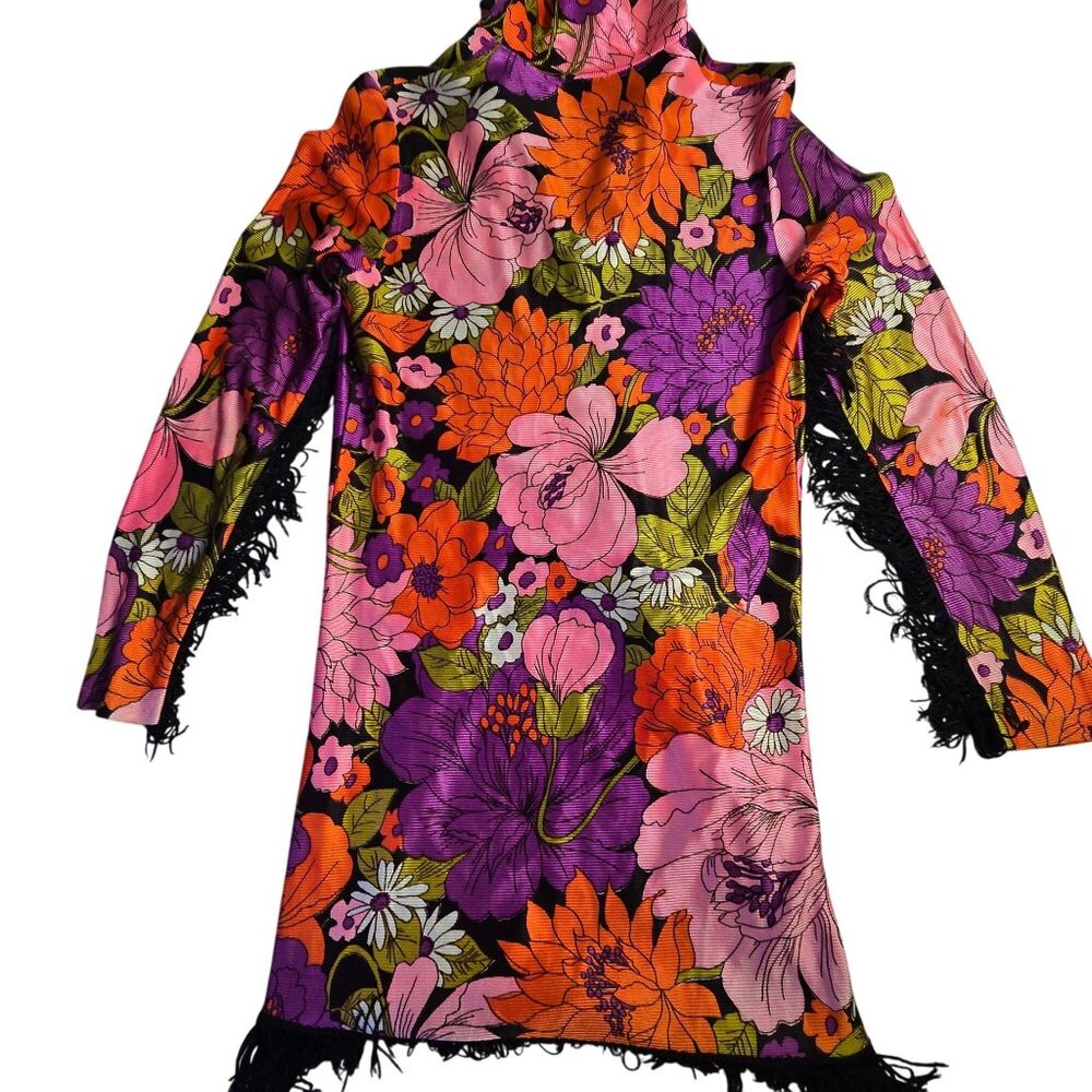 Vintage 70s Floral Fringe Dress Women's Size 5 - Picture 2 of 7